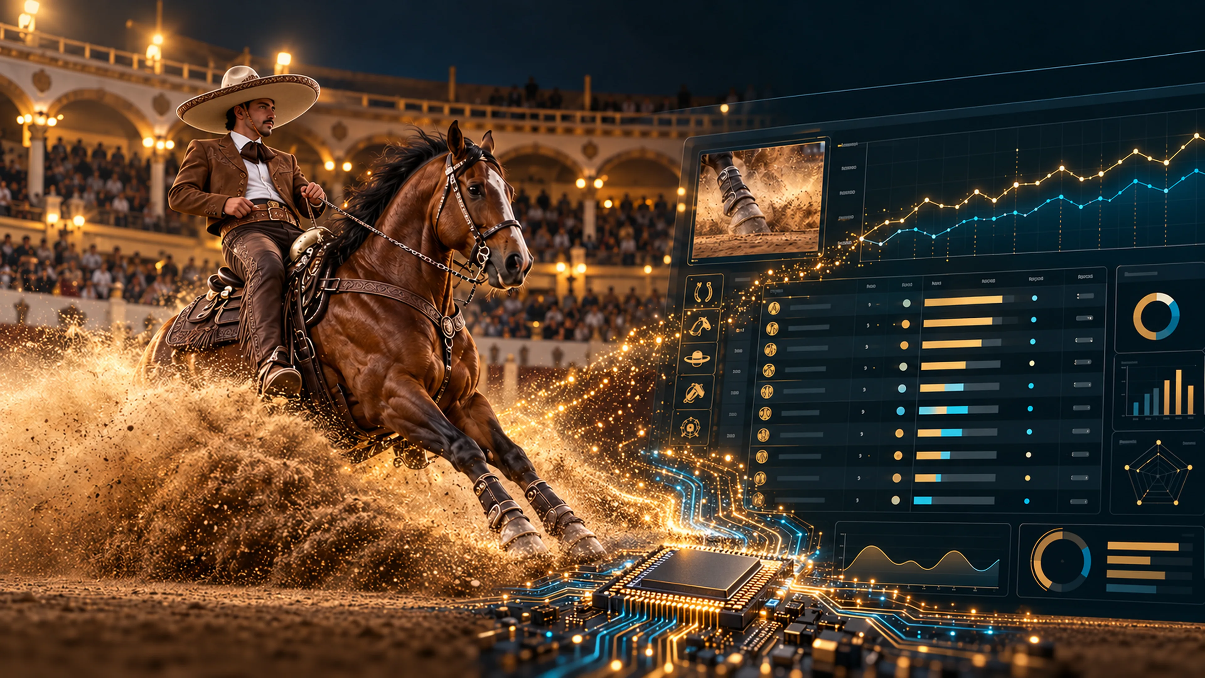 Charro a caballo en competencia y representación de un panel de estadísticas