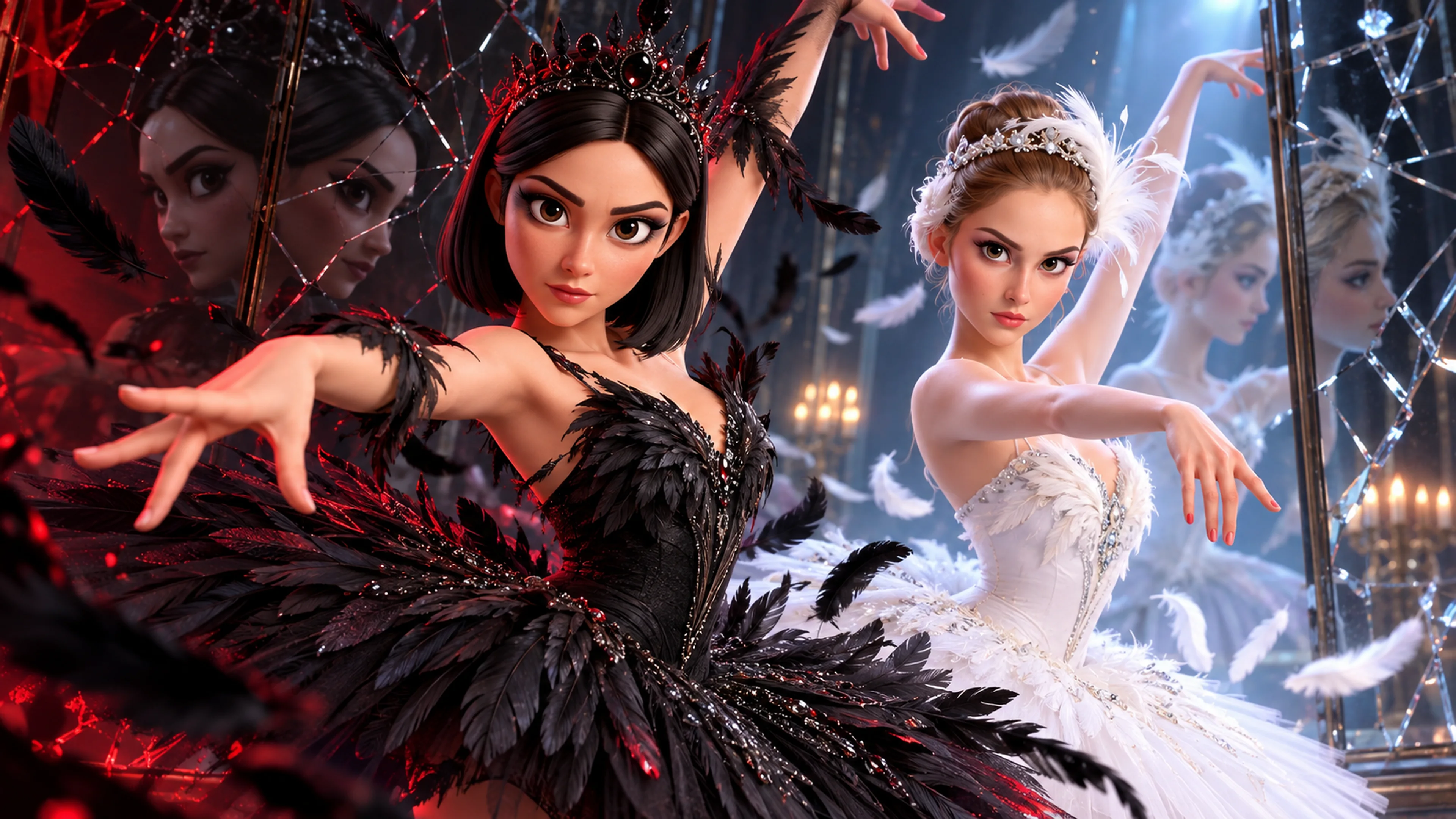 Banner de Cisne Negro: Arantxax como cisne oscuro frente a un cisne blanco y espejos