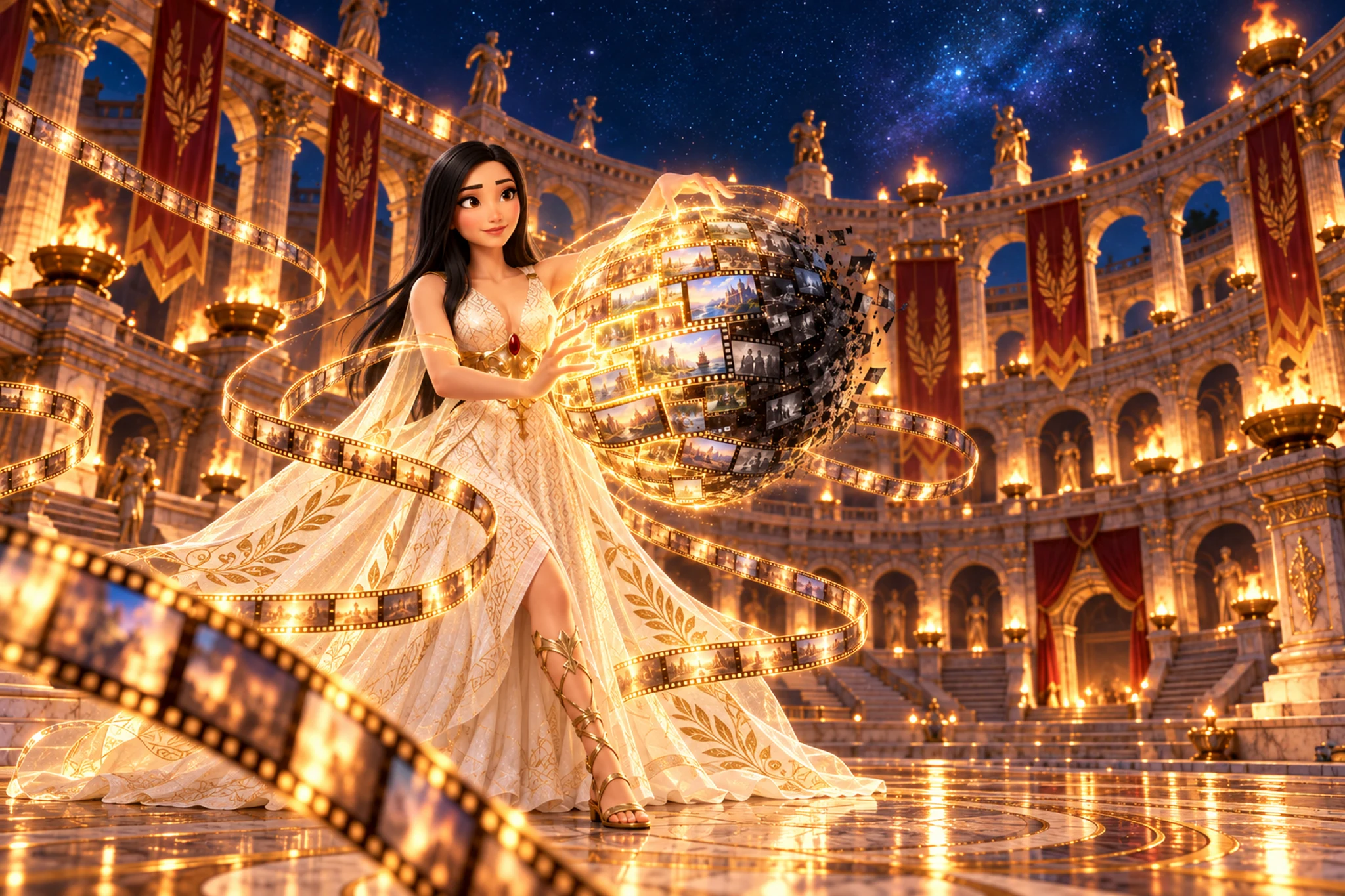La Guardiana preserva películas entre cintas luminosas dentro del Coliseo