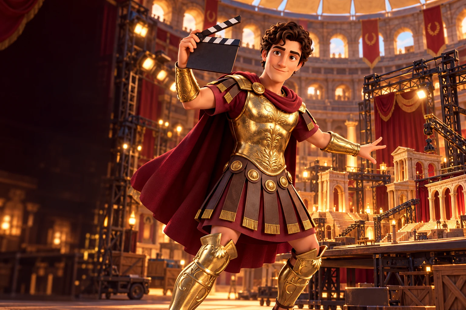 Ederius alza una claqueta y dirige la preparación de un set dentro del Coliseo