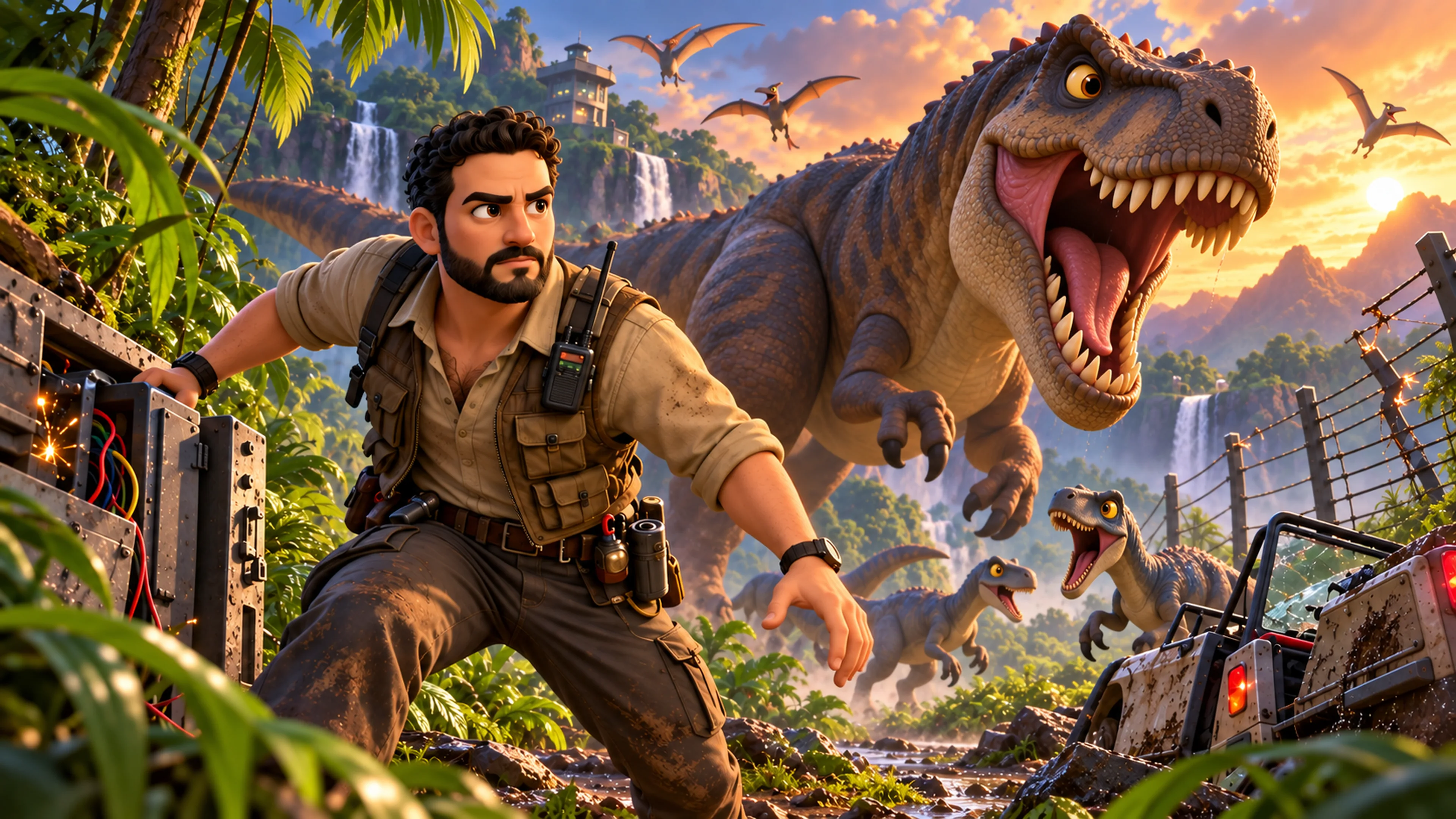 Banner de Jurassic Park: Danicus huye de un dinosaurio en la selva