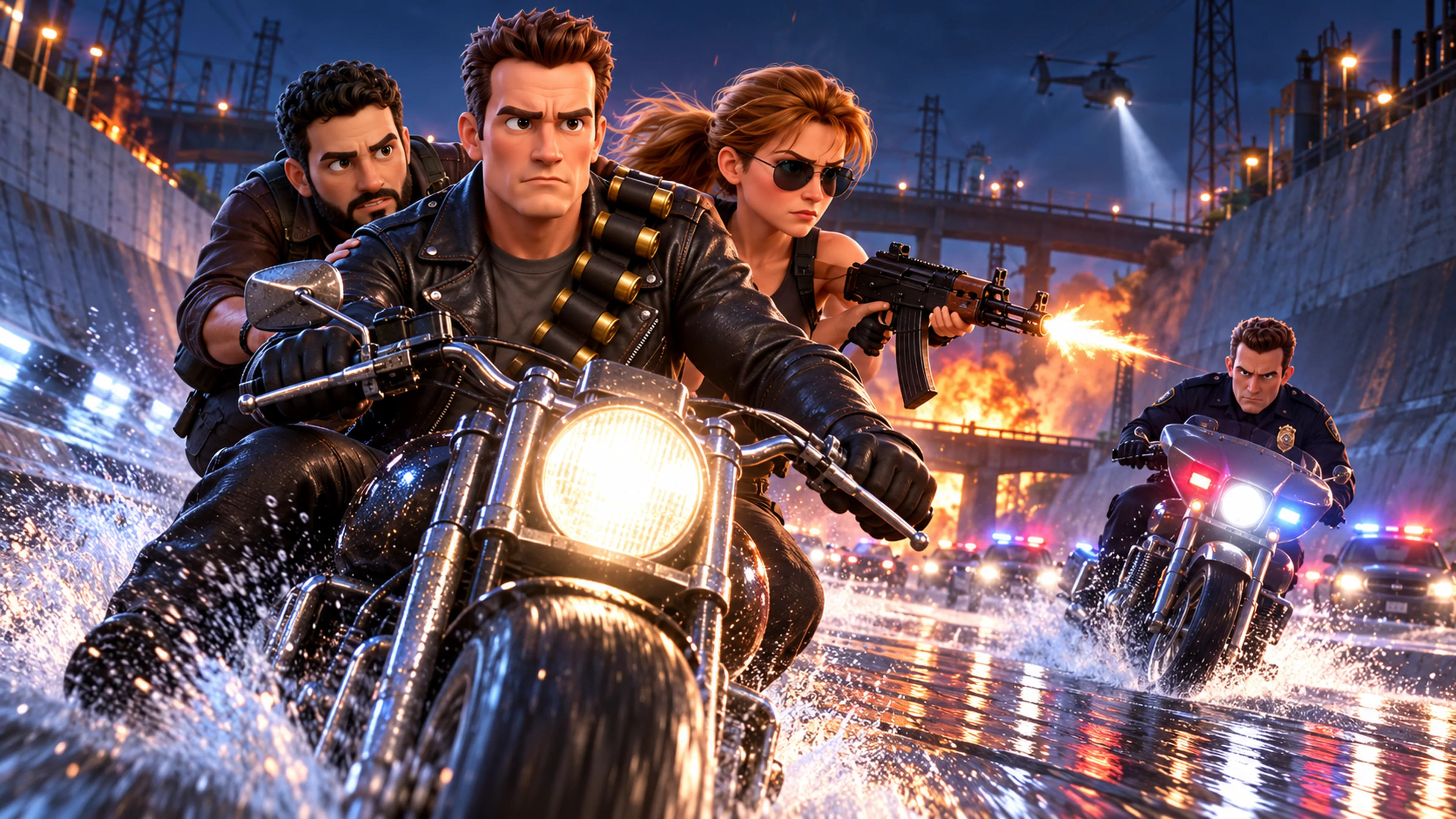 Banner de Terminator 2: persecución en motocicleta junto a un canal de noche