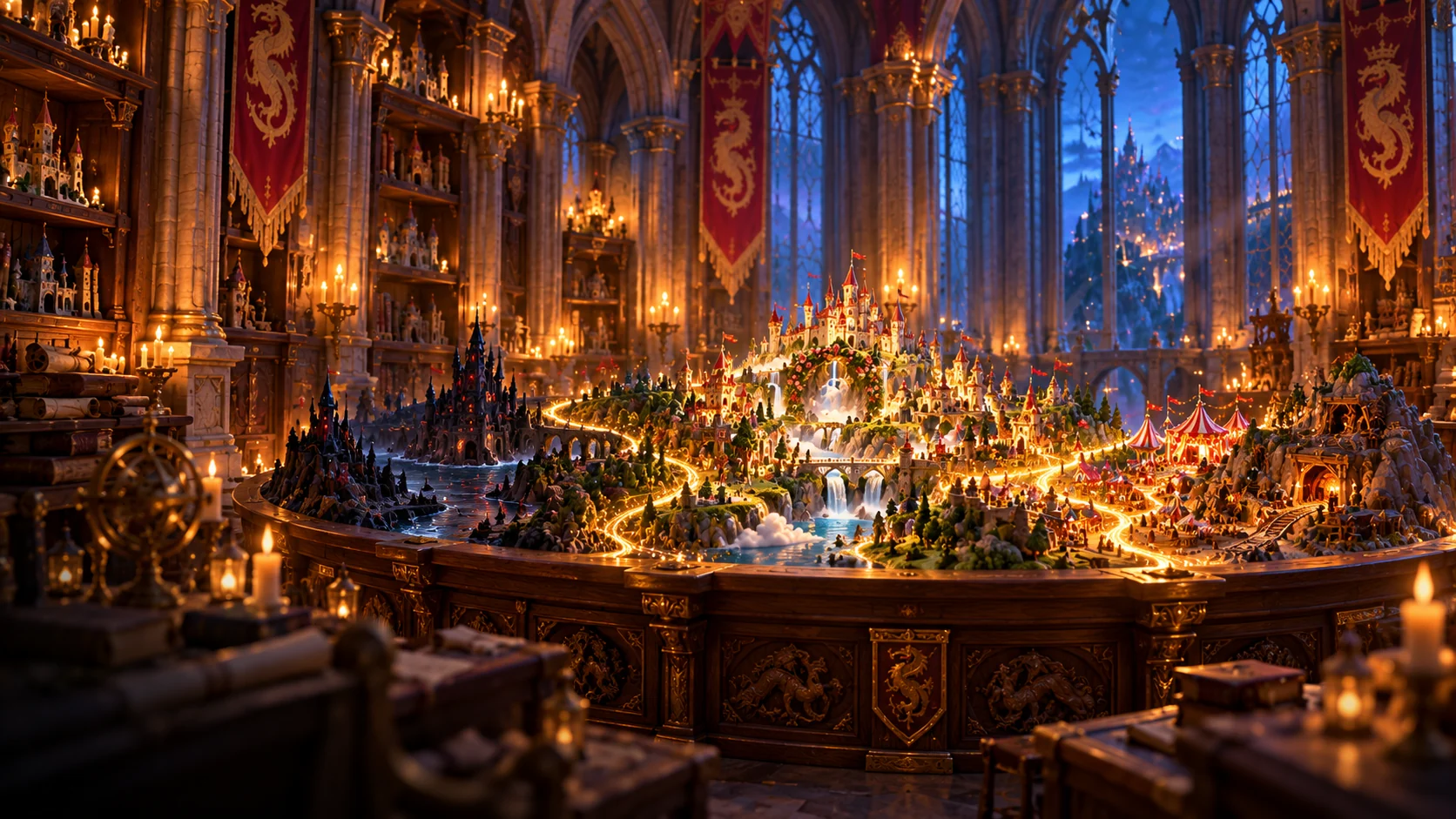Archivo medieval del castillo con una gran mesa de maquetas iluminadas