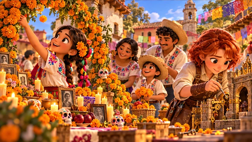 Itzel y su familia preparan un arco de flores para Xantolo mientras Lía repara una miniatura