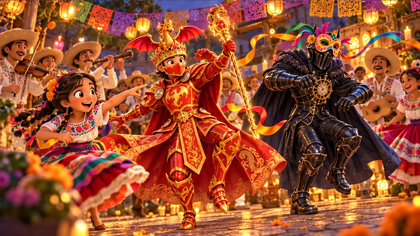 Itzel reconoce al Caballero Oscuro entre danzantes enmascarados de la viejada; el Rey Dragón sigue el ritmo
