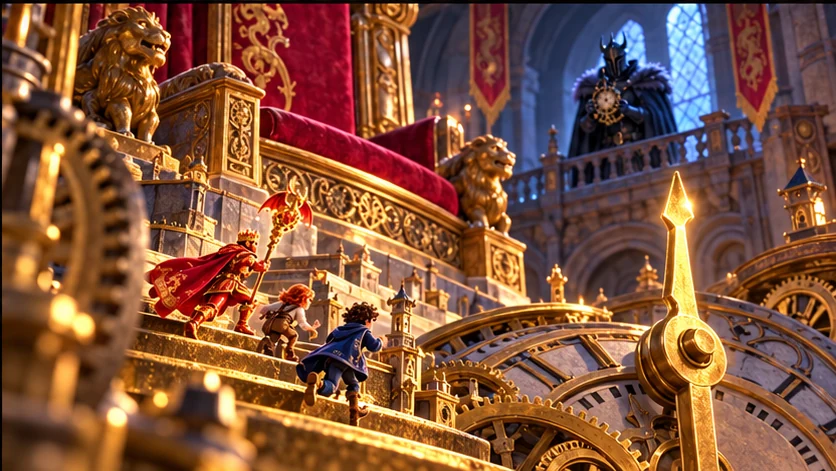El Rey Dragón y su equipo recorren el castillo reducido ante un trono gigantesco y el reloj del Caballero Oscuro