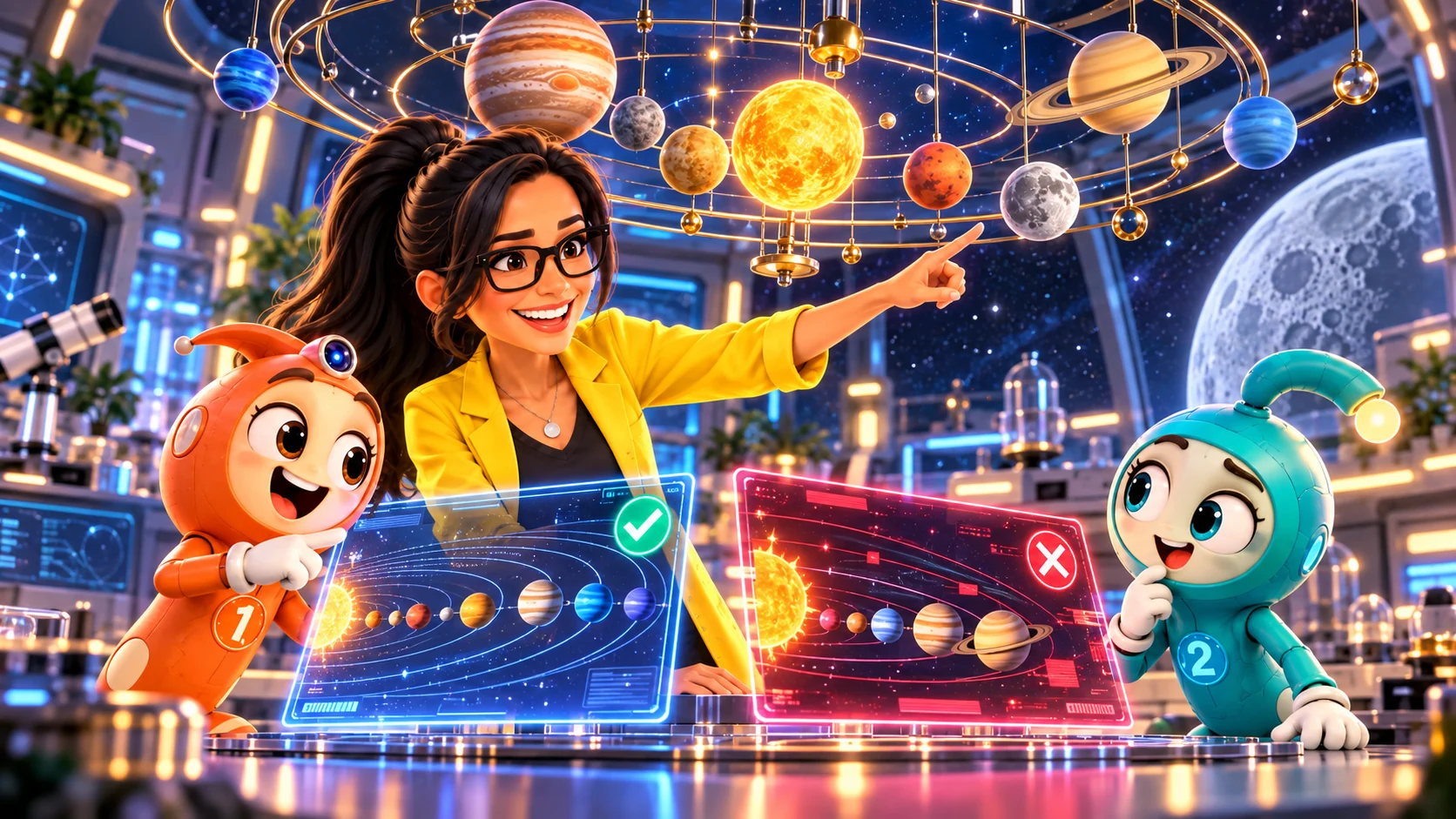 Profesora Electrón y robots observan planetas y señales de información digital