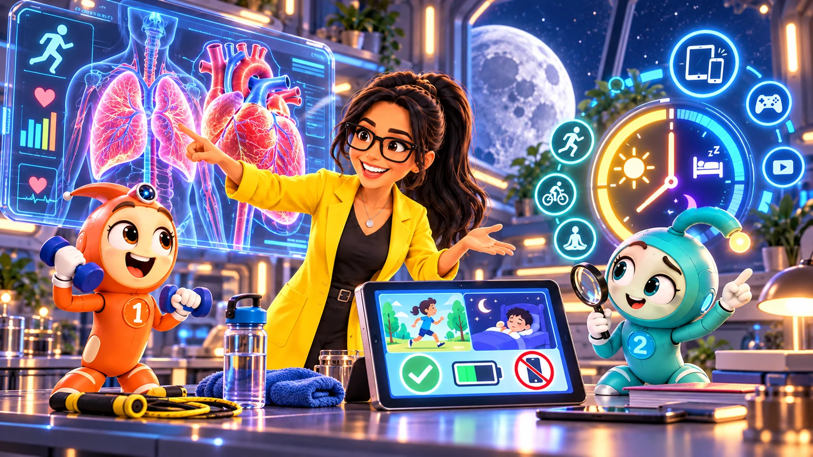 Profesora Electrón y robots examinan el cuerpo y el tiempo frente a pantallas