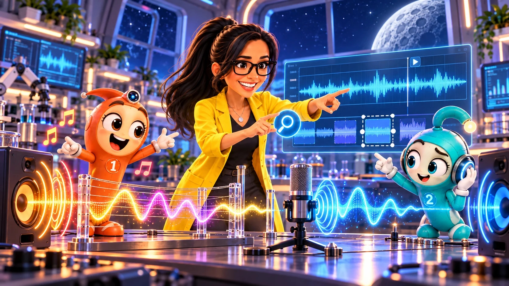 Profesora Electrón y robots ven ondas sonoras y una grabación modificada