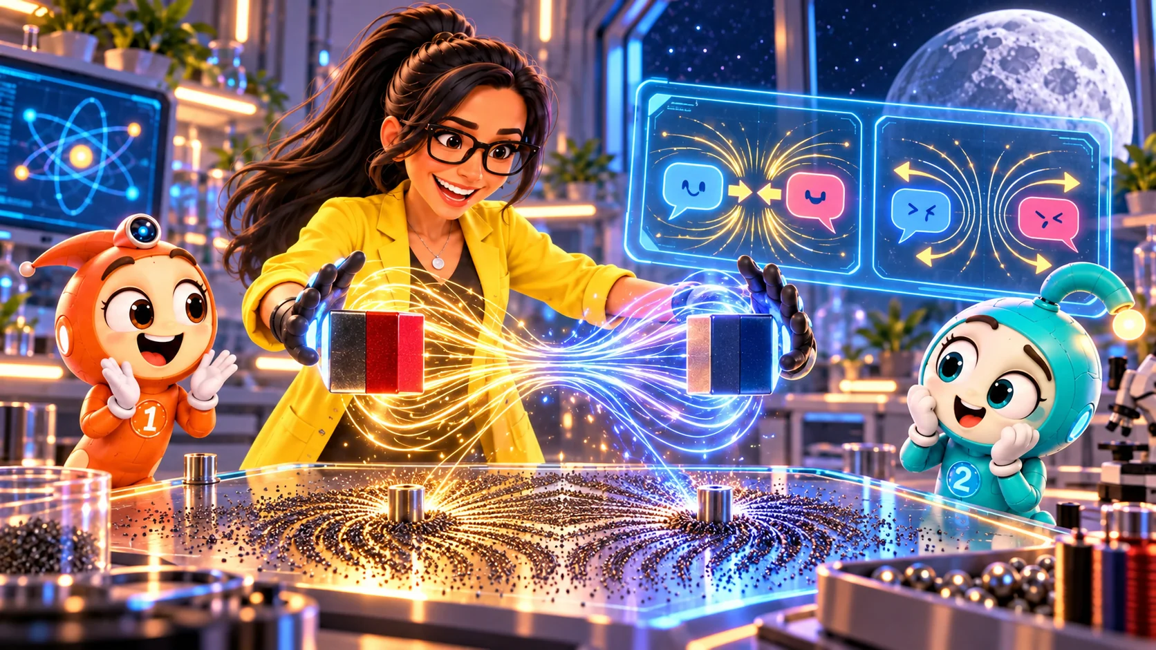 Profesora Electrón y robots investigan imanes y comunicación digital