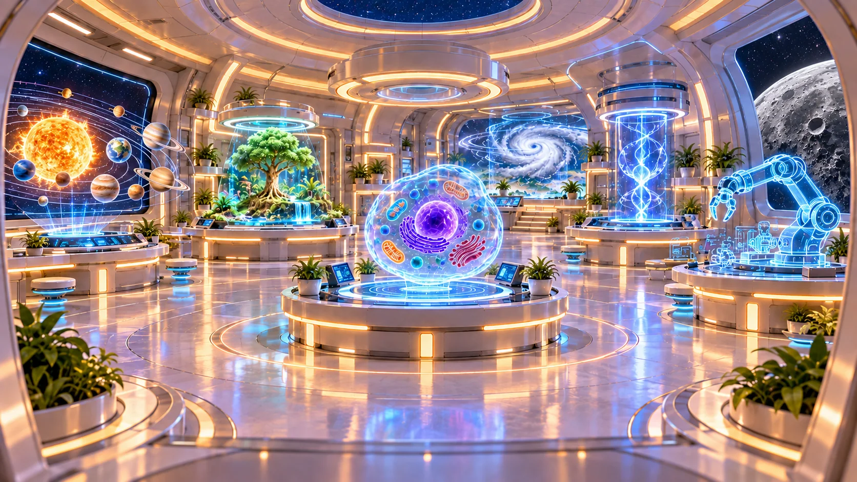 Sala de ciencia con hologramas y la Luna visible tras el ventanal