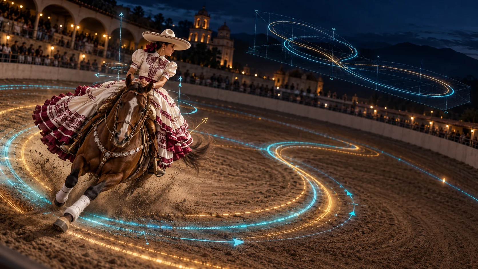 Escaramuza a caballo y representación conceptual de su recorrido registrado sobre el ruedo